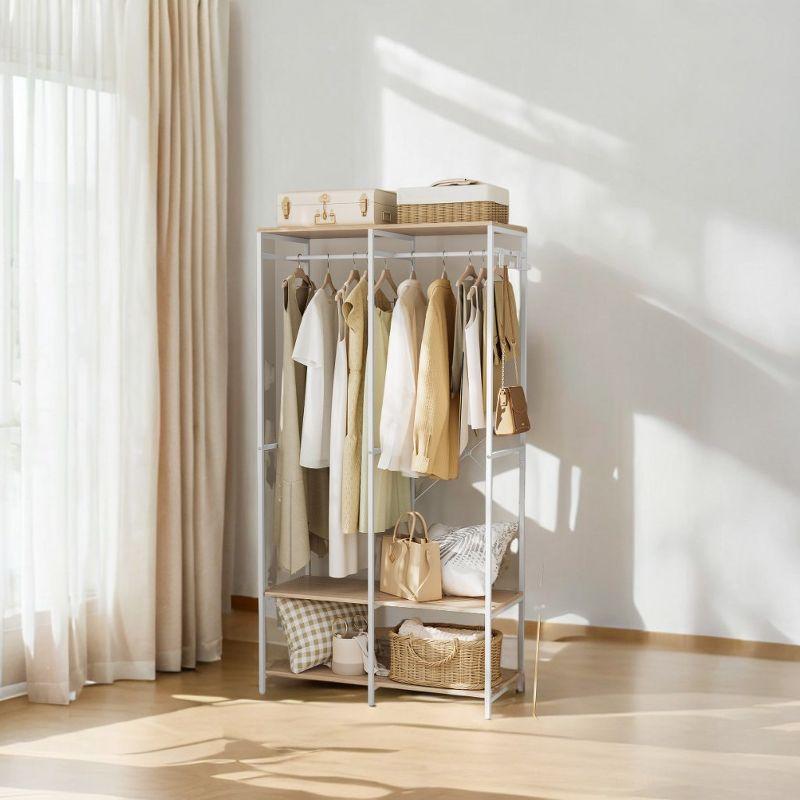 Wardrobe Closet Organizer Clothing Storage Iron and Wood Heavy Duty Clothes Rack with Hanging Rods, Shelves, and Removable Hooks 15.7 x 37.2 x 70.9