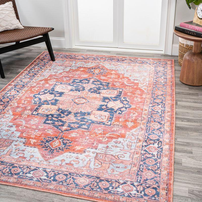 Maris Blue and Orange Medallion Washable Area Rug