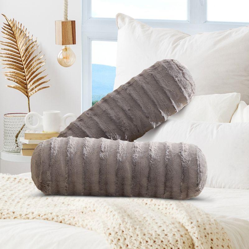 Cheer Collection Decorative Faux Fur Bolster Pillows Set of 2 - Gray (8" x 24")