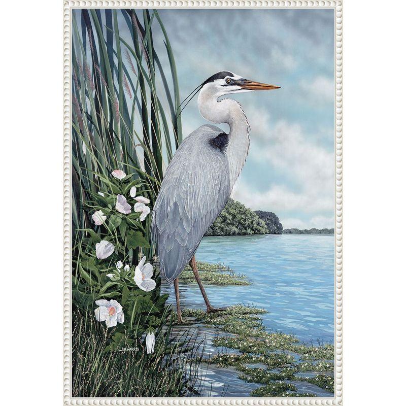 Great Blue Heron Coastal Scene Canvas Wall Art with White Frame