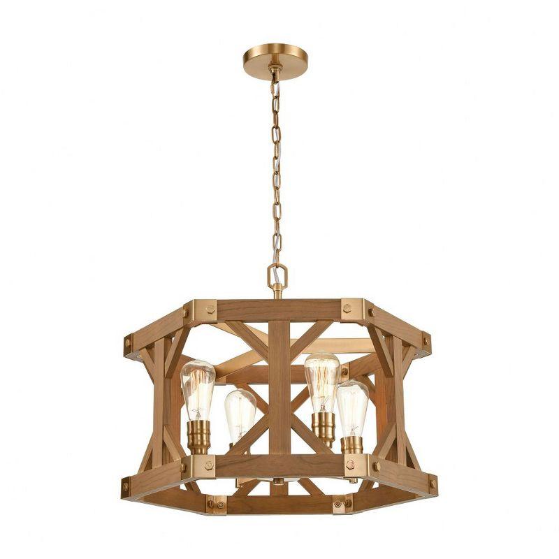 Medium Oak and Satin Brass 4-Light Chandelier