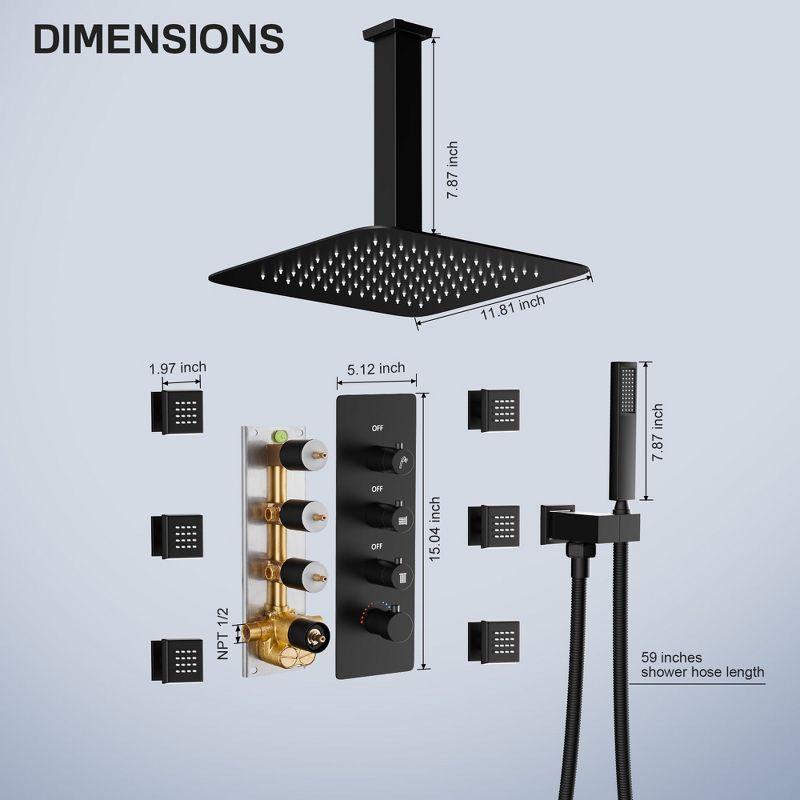3-Function LED Light Thermostatic Rainfall Shower System with 6 Body Jets and Rough-in Valve