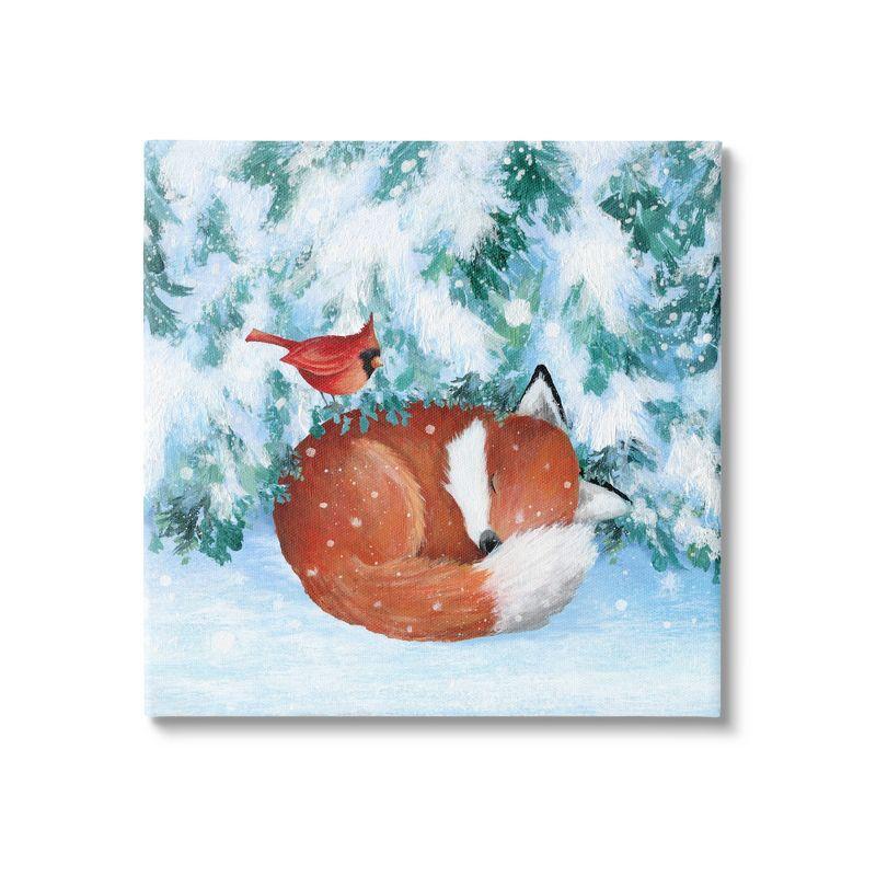 Sleeping Fox and Cardinal in Snow Canvas Wall Art, 17 x 17