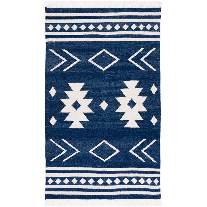Kilim With Fringes KLM764 Flat weave Area Rug - Navy/Ivory - 4'x6' - Safavieh