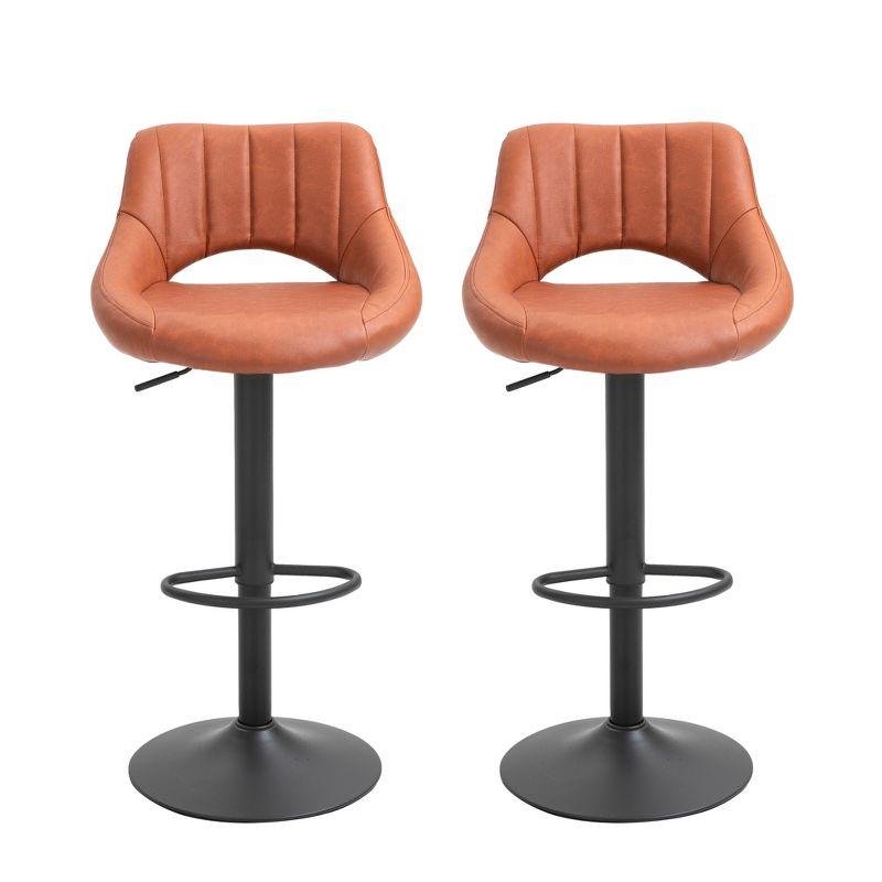 HOMCOM Modern Bar Stools Set of 2 Swivel Bar Height Barstools Chairs with Adjustable Height, Round Heavy Metal Base, and Footrest, Brown