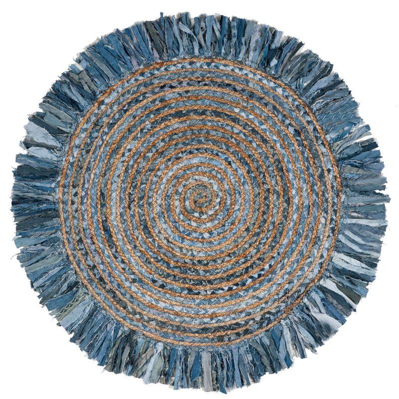 Ivory and Denim 7' Round Handwoven Boho Jute & Cotton Rug