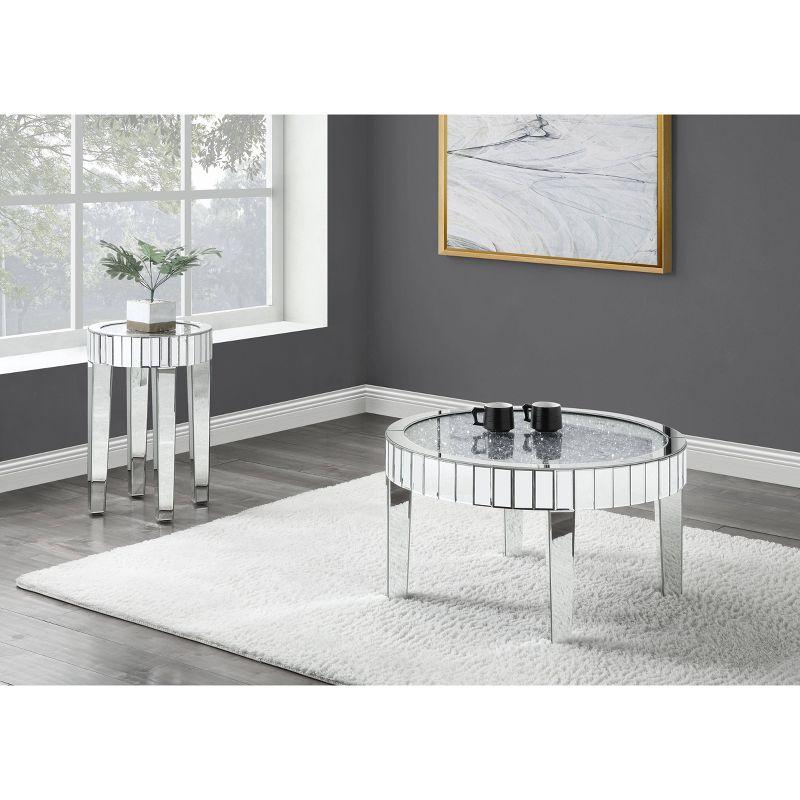 Sleek Round Mirrored Wood Coffee Table with Faux Diamonds