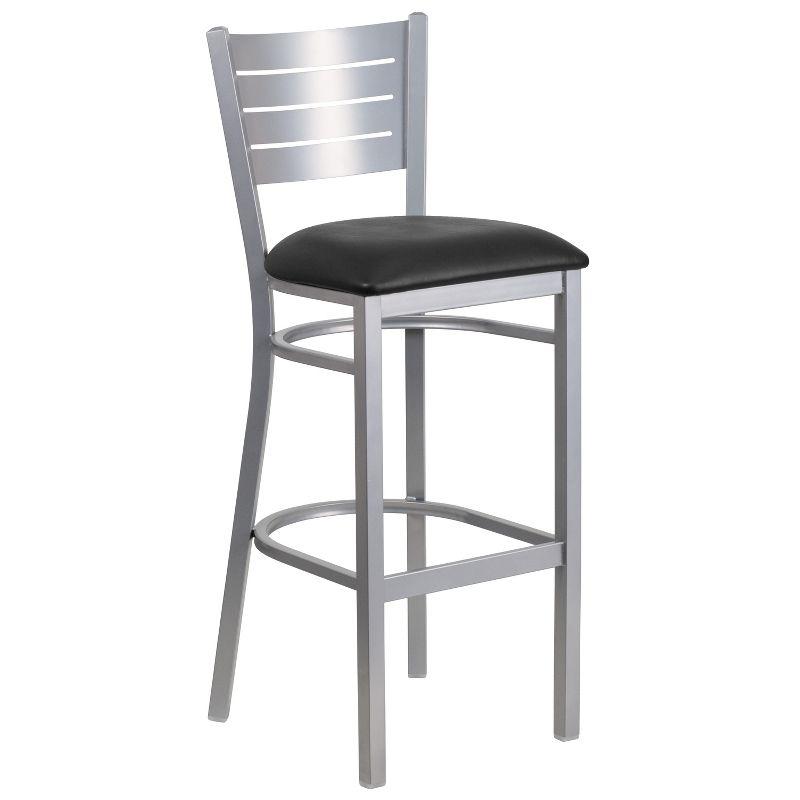 Sleek Silver Slat-Back Barstool with Black Vinyl Seat