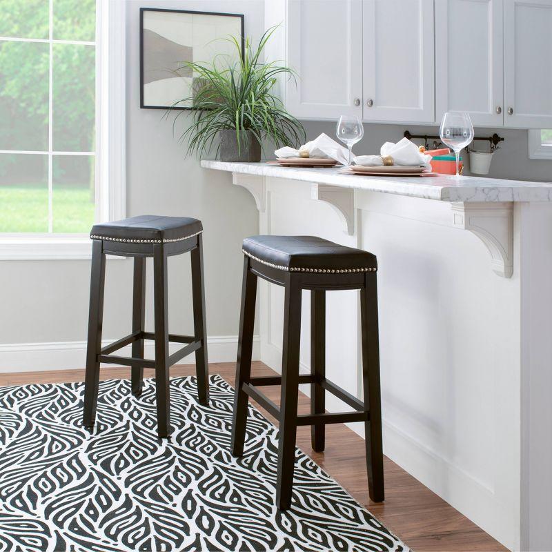 Set of 2 Black Wood and Leather Saddle Barstools