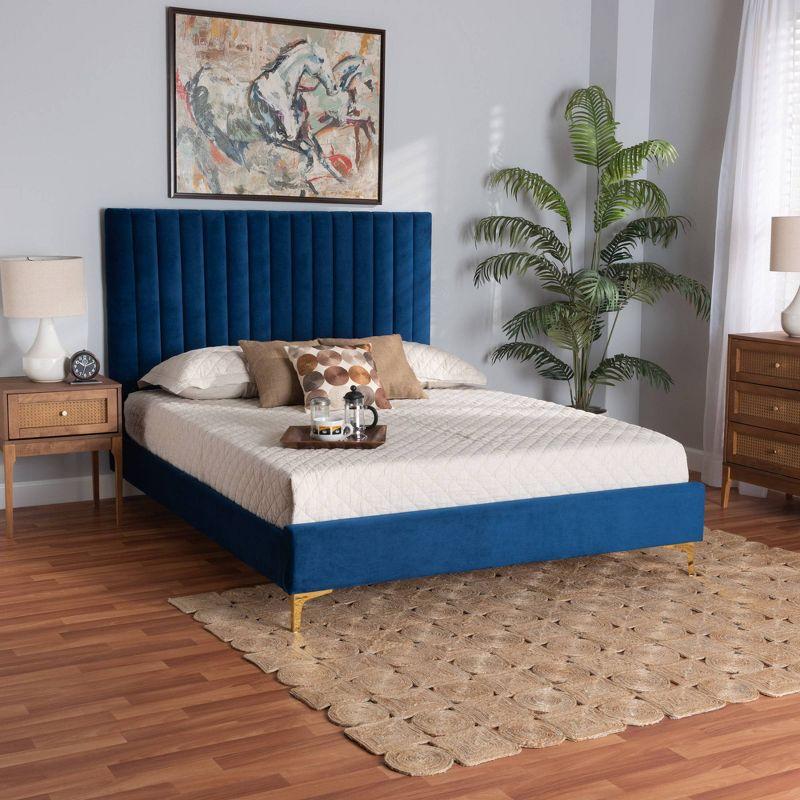 Luxurious Navy Blue Velvet Full/Double Platform Bed with Gold Metal Legs