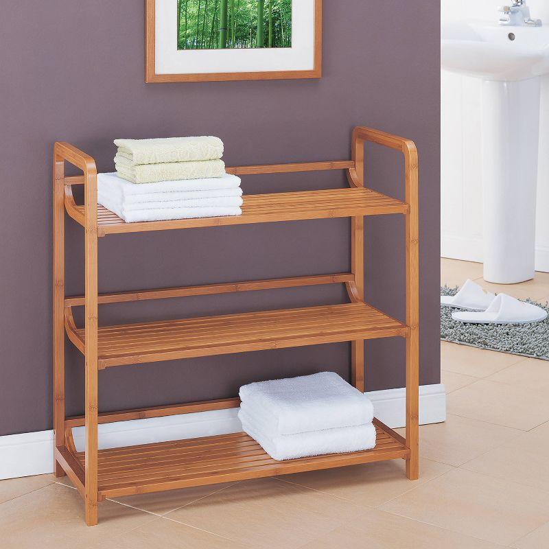 Three Tier Double Wide Bamboo Shelf Brown - Organize It All: Wood Composite Corner Cabinet, Universal Storage