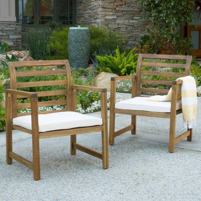 Emilano Set of 2 Acacia Wood Club Chair - Natural Stained - Christopher Knight Home: Weather-Resistant Patio Accent Chairs with Polyester Cushions