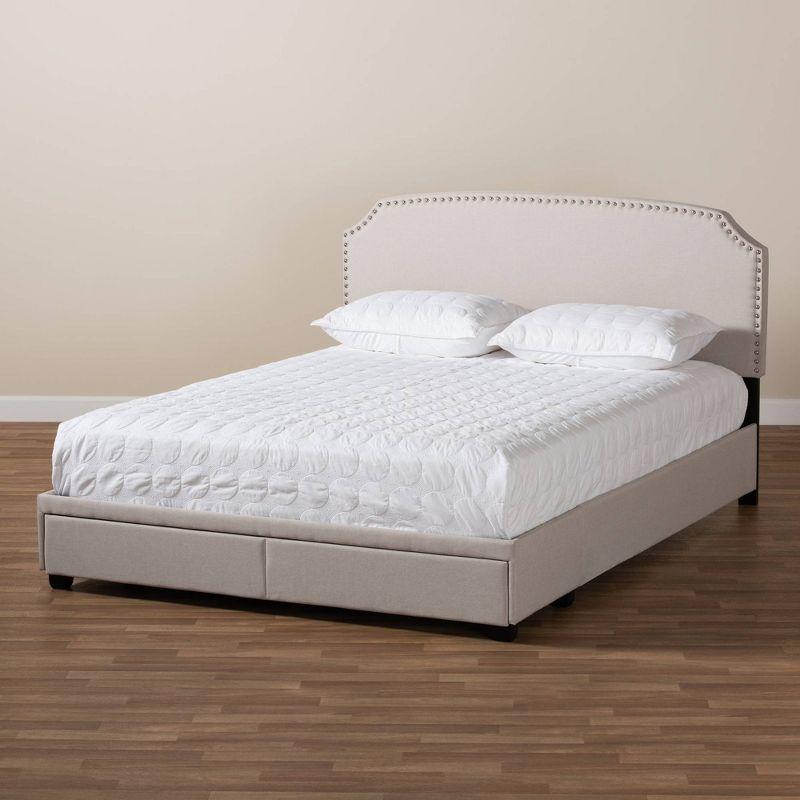 Queen Beige Upholstered Platform Bed with Storage Drawers