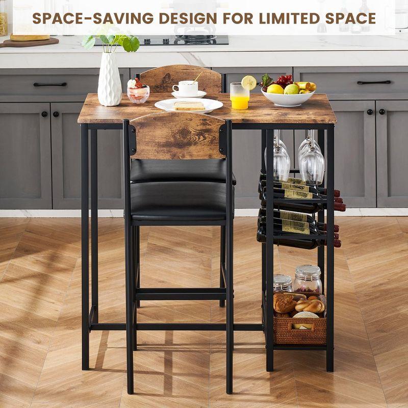 Whizmax Bar Table Set for 2 with Footrest, Kitchen Dining Table with 2 Upholstered Chairs, Small Space Counter Height Barstools for Counter Bar, Brown