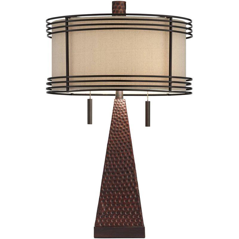 Franklin Iron Works Niklas Industrial Table Lamp 26" High Hammered Bronze with USB Charging Port Double Shade for Bedroom Living Room Bedside Desk