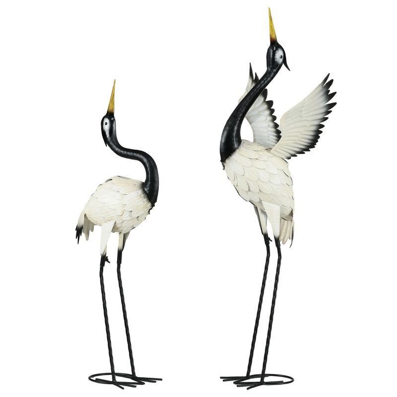 Outsunny Heron Garden Statues, 35.5" & 40.5" Standing Bird Sculptures, Metal Yard Art Decor, Landscape Decoration Set of 2, White & Black