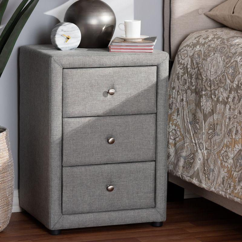 Contemporary Grey Fabric 3-Drawer Nightstand with Chrome Knobs