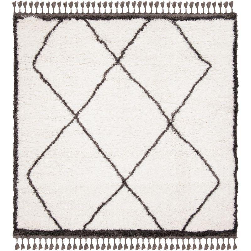 Gray and Cream Diamond Shag Square Area Rug with Tassels