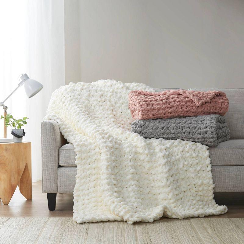 Gray Chenille Chunky Knit Handmade Throw Blanket