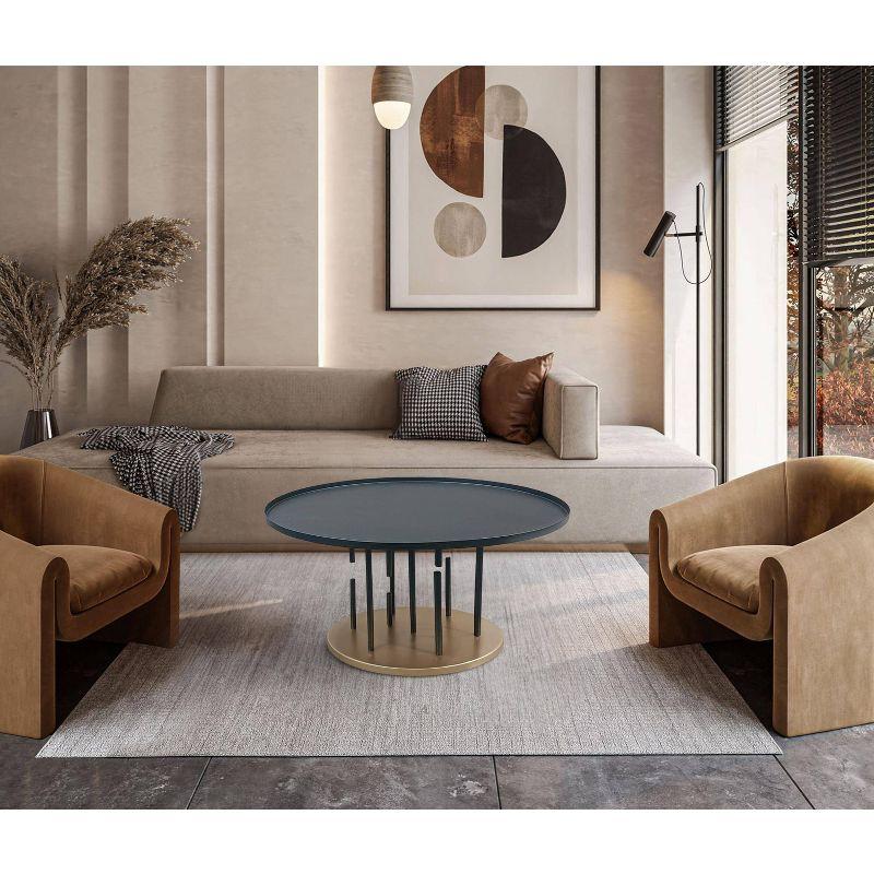 The Urban Port 31" Coffee Table Round Matte Black Tray Top Modern Rod Supports with Brass Base Black/Brass