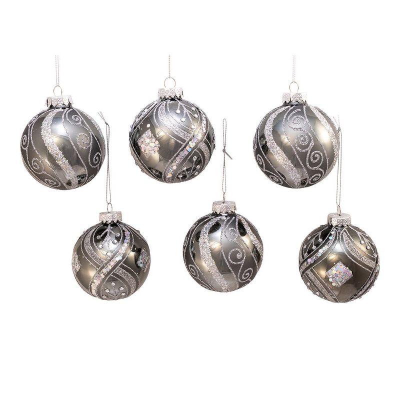 Kurt Adler 80MM Matte and Shiny Silver with Glitter Glass Ball Ornaments, 6 Piece Box