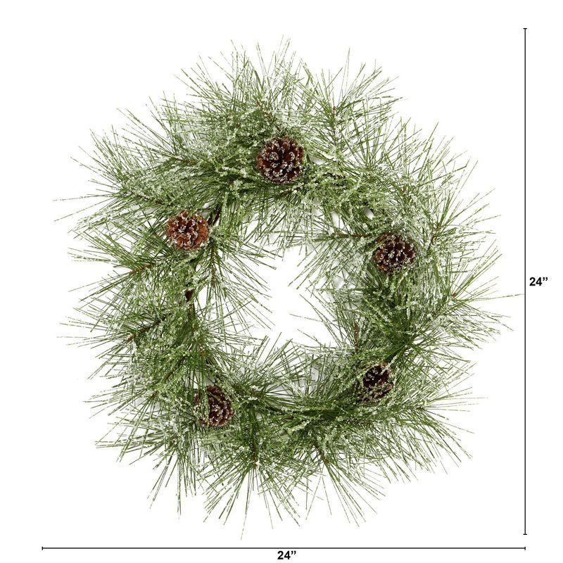 24" Green and Brown Artificial Pine Wreath with Snow