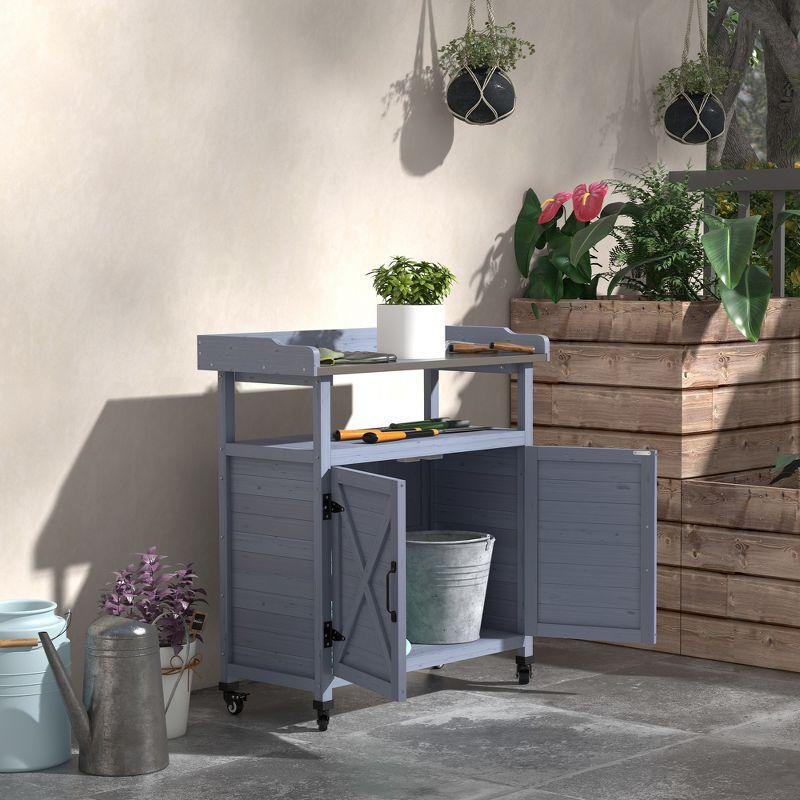 Gray Wooden Potting Bench with Aluminum Top and Storage