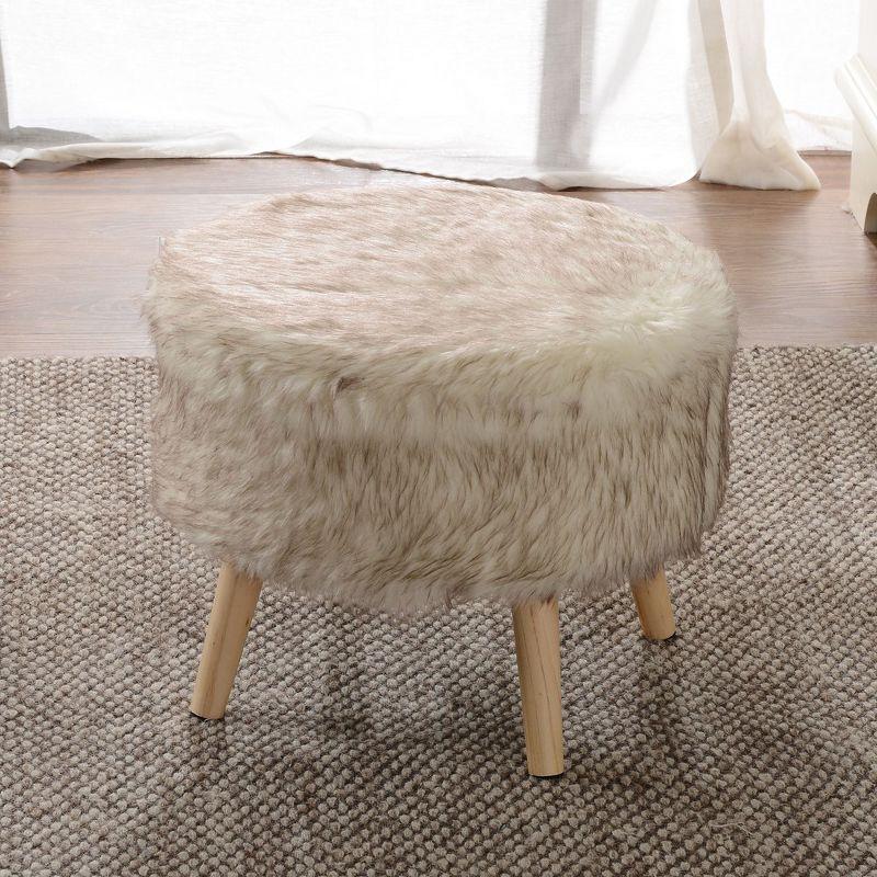 17" Beige Faux Fur Round Ottoman with Wooden Legs