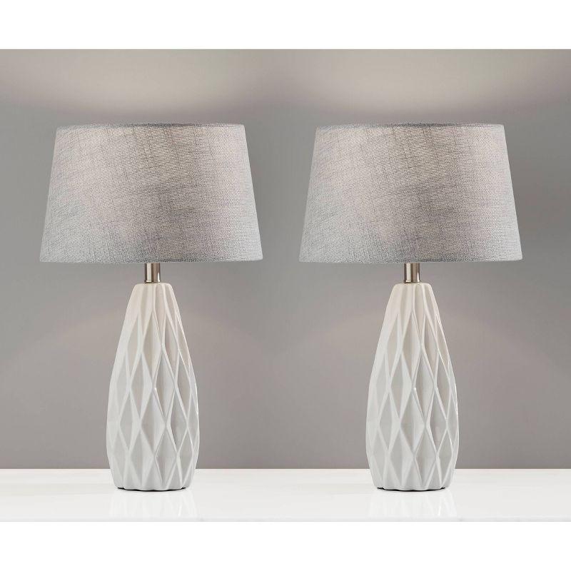 White and Light Gray Ceramic Table Lamp Set with Textured Fabric Shade