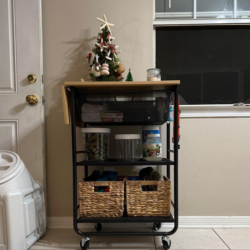 White Metal Storage Cart with Mesh Drawer and Wood Top