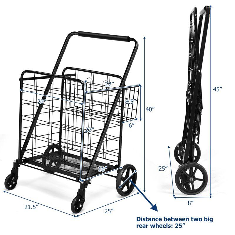 Black Steel Folding Double Basket Shopping Cart with Wheels