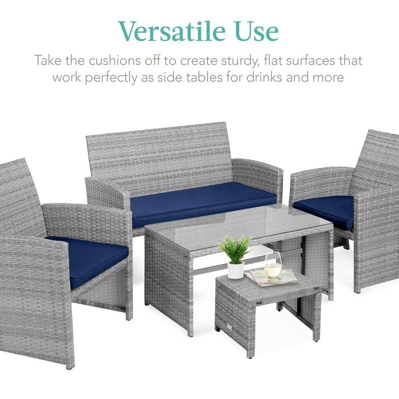 Coastal Gray & Navy Wicker Patio Ottomans with Cushions - Set of 2