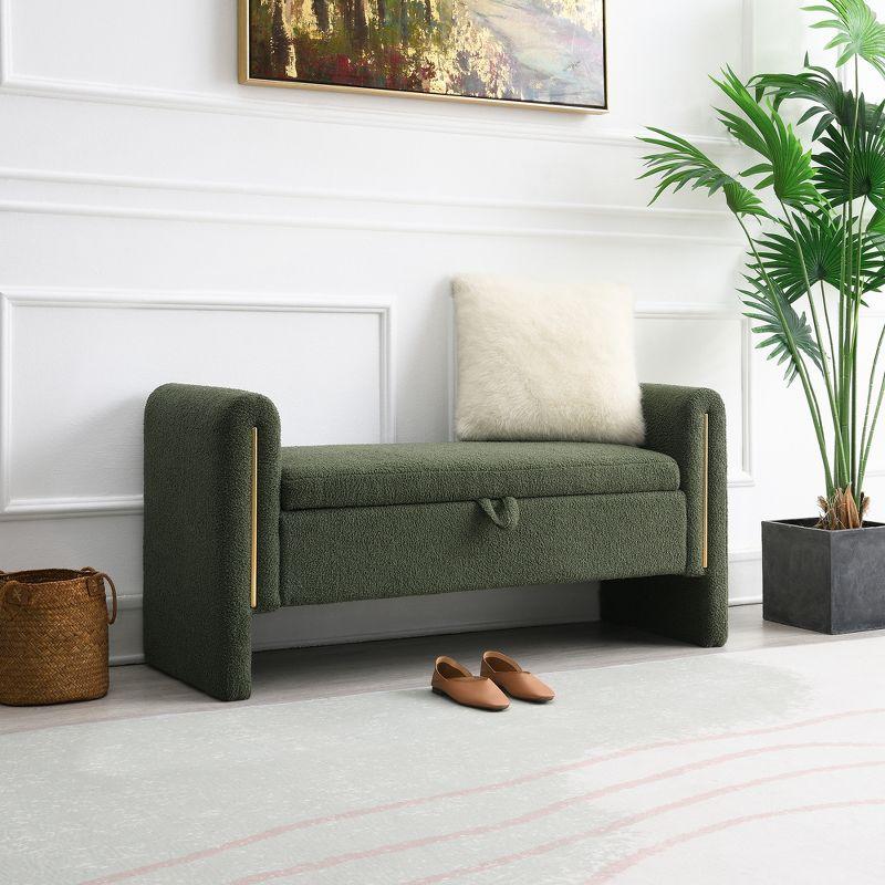 Modern Teddy Bed End Bench with Arms and Storage, Upholstered Large Foot Rest Stool, 52.25in Width, Olive Green: Solid Flannel Upholstery