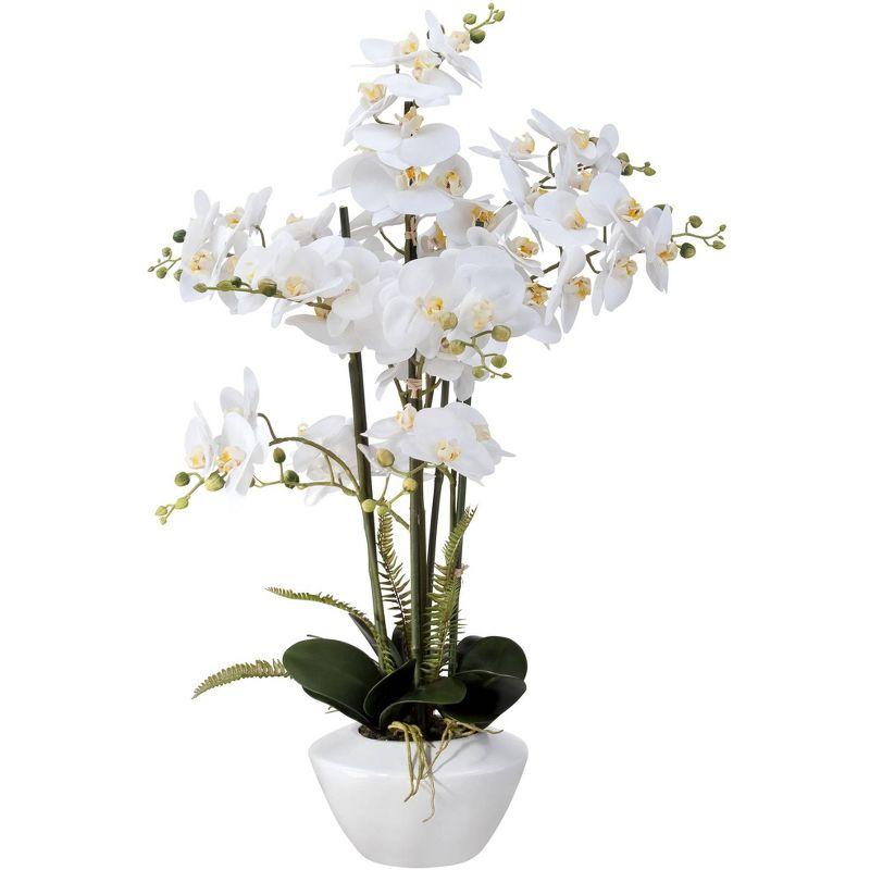 Dahlia Studios Potted Faux Artificial Flowers Realistic White Phalaenopsis Orchid in White Ceramic Pot Home Decoration 29" High