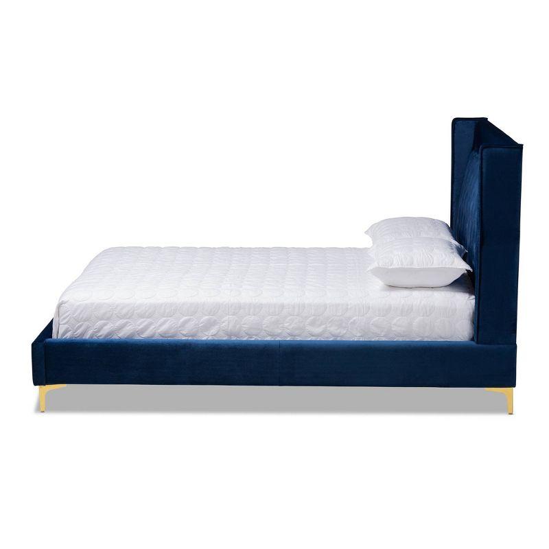 Navy Blue Velvet King Platform Bed with Gold Metal Legs