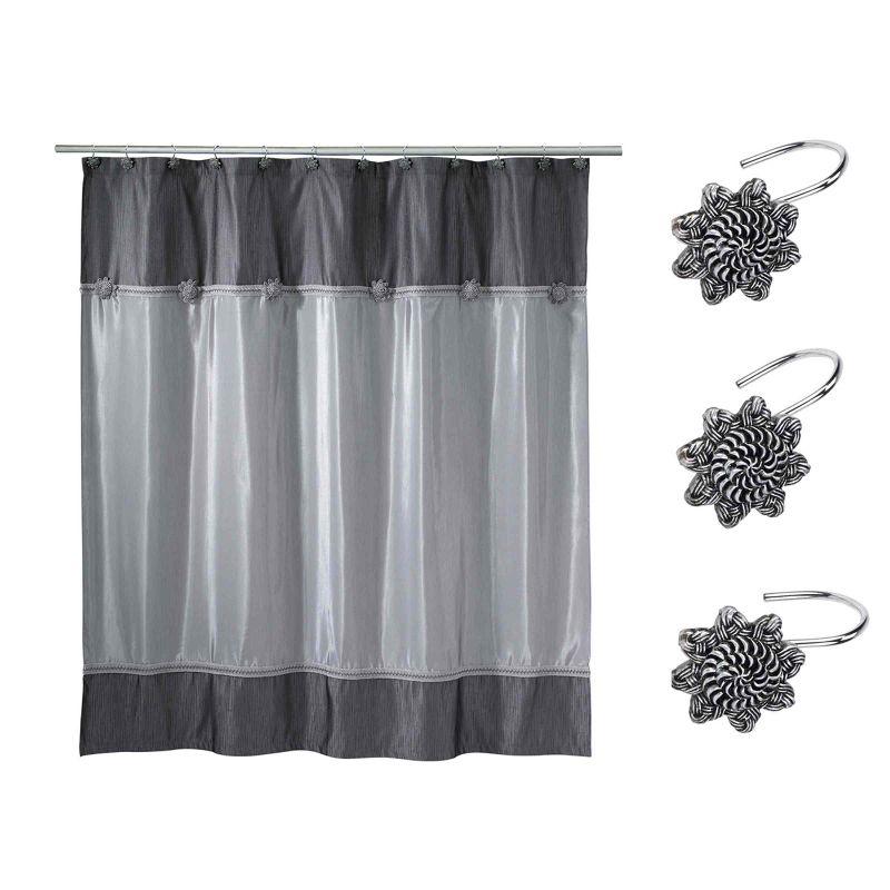 Granite Medallion Fabric Shower Curtain with Silver Hooks Set