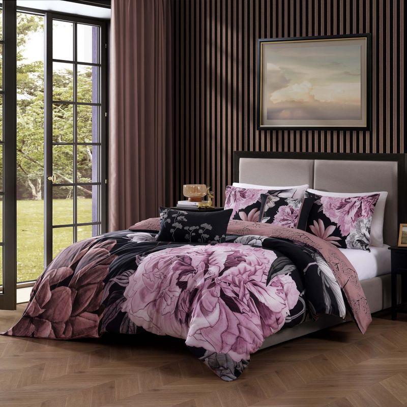 Midnight Meadow Black and Pink Cotton 5-Piece Reversible Comforter Set