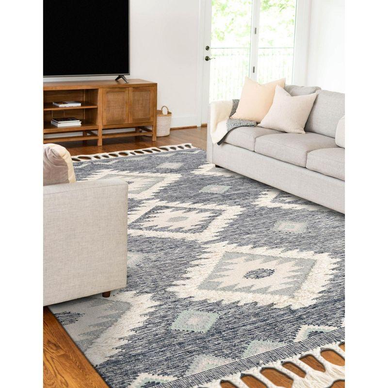 Dark Blue Geometric Wool 6x9 Area Rug with Fringe