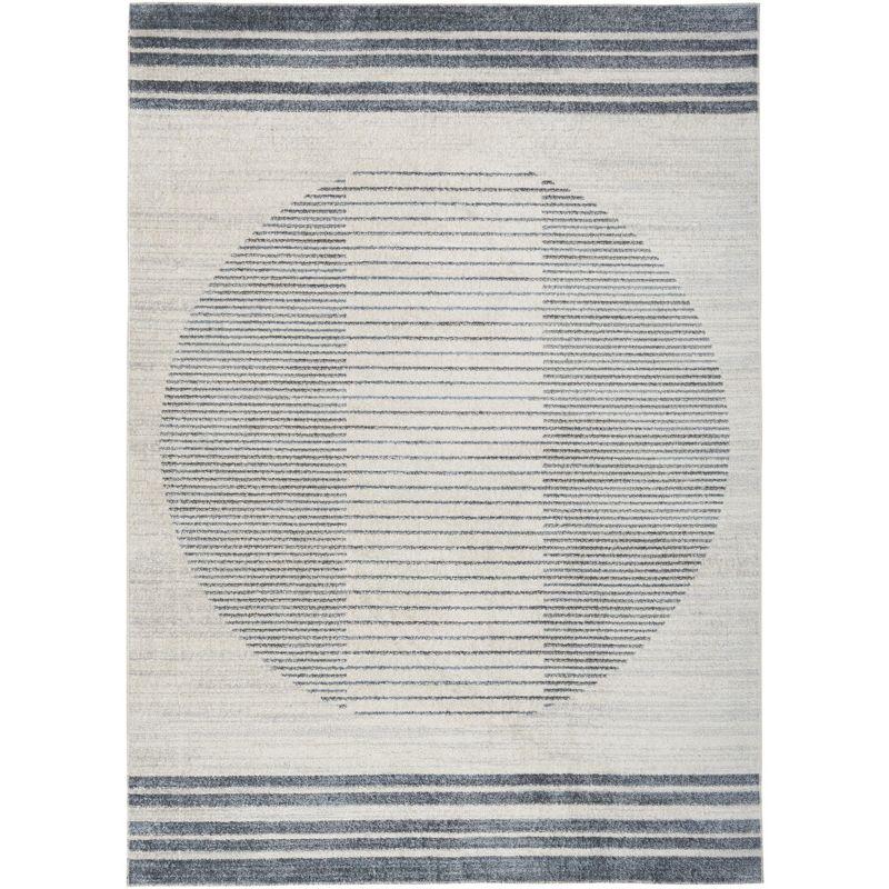 Nourison Astra Machine Washable Stripe Circle Mid-Century Modern Indoor Rug Ivory Blue 5'3" x 7'
