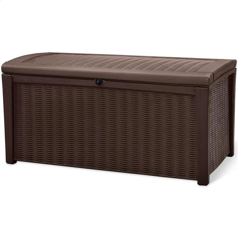 Keter Borneo 110 Gallon Rattan Wicker Resin Patio Deck Storage Box Bench
