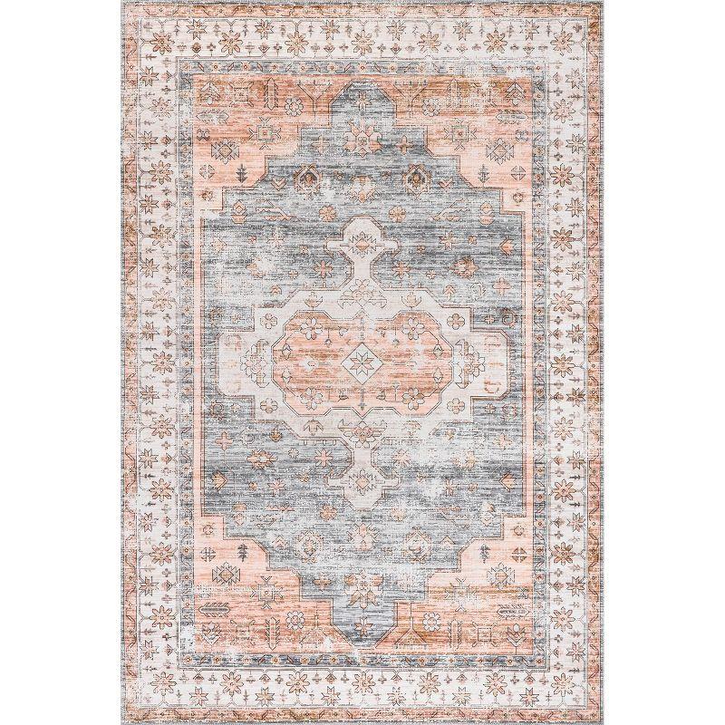 Nuloom 8x10 Machine Washable Rain Haven Vintage Medallion Indoor Area Rug, Light Orange Non-Slip Backing, Stain Resistant, BedroomLiving Room, Kitchen