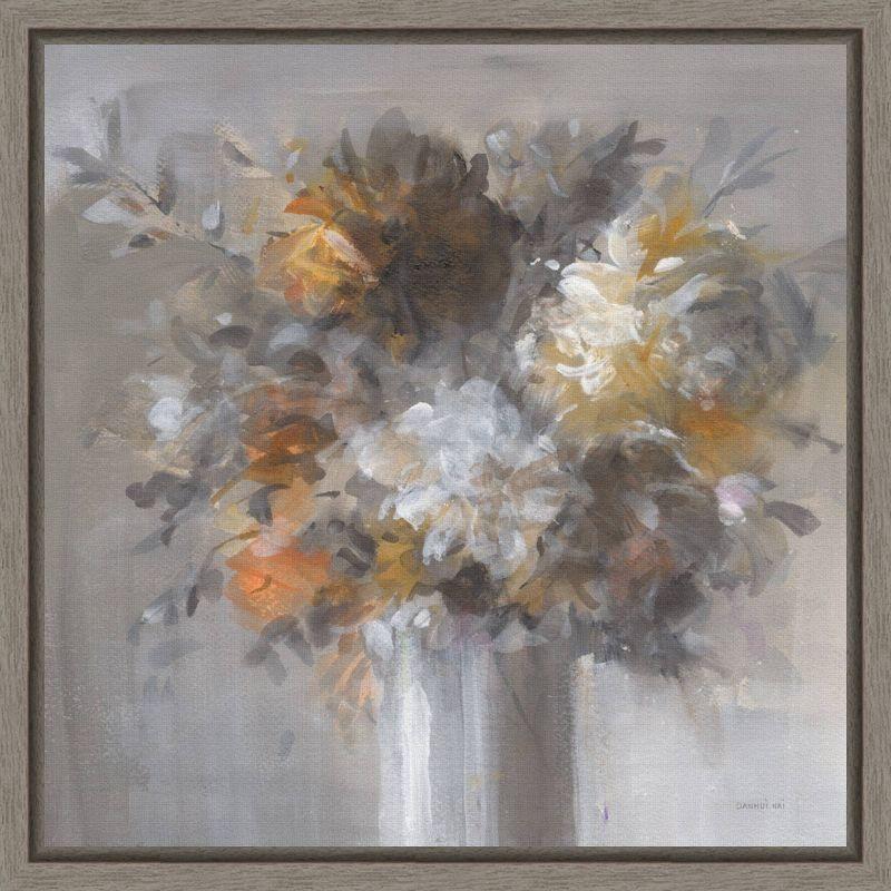 16"x16" Gray and White Floral Canvas Wall Art with Polystyrene Frame