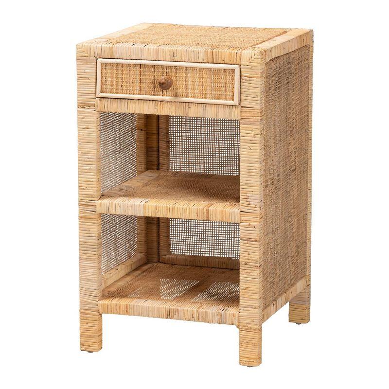 Bella Mahogany Wood and Natural Rattan 1 Drawer Nightstand Natural Brown - Baxton Studio