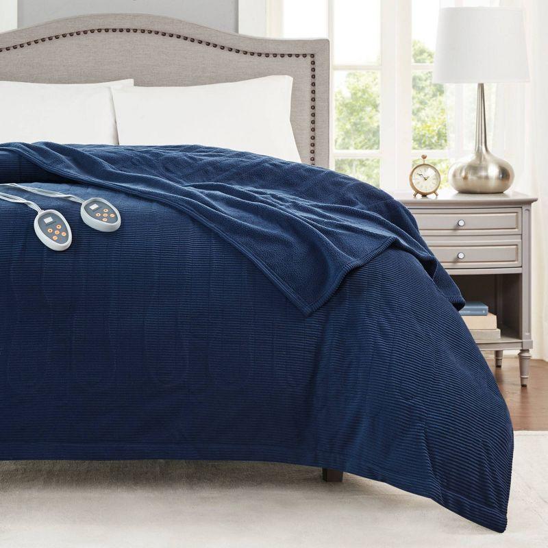 King Knitted Electric Heated Micro Fleece Bed Blanket Navy - Beautyrest: 5-Year Warranty, Machine Washable, STANDARD 100 by OEKO-TEX