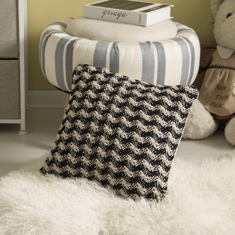 16" Handwoven Cotton Throw Pillow Cover Chevron & Gingham Design Black & White