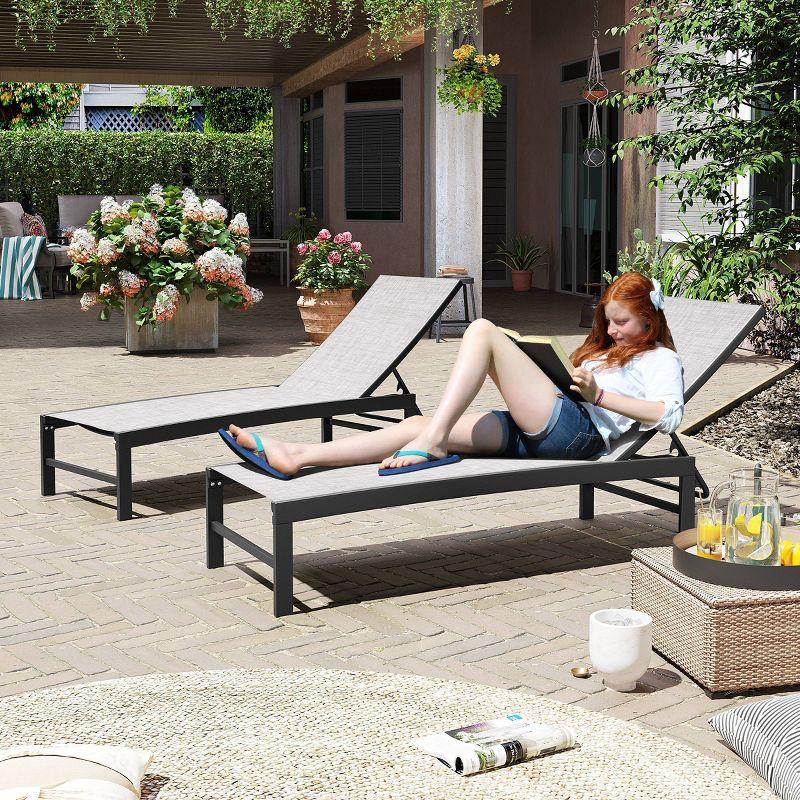 Set of 2 Adjustable Aluminum Chaise Lounge Chairs with Earth Fabric