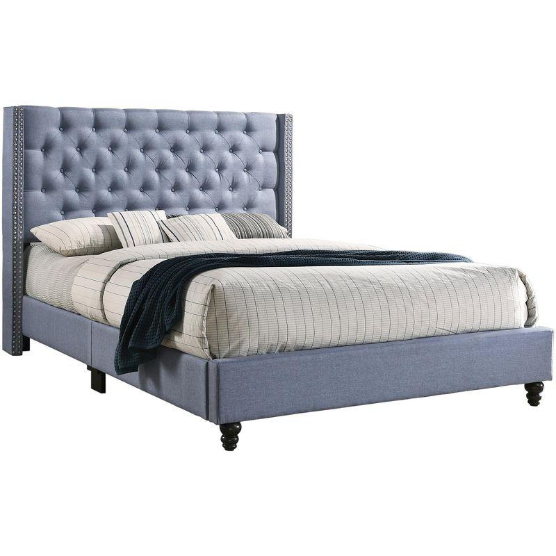 Elegant Blue Velvet Queen Bed with Tufted and Nailhead Details