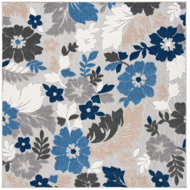 Cabana Grey/Blue Floral Reversible Synthetic Square Rug - 7' x 7'