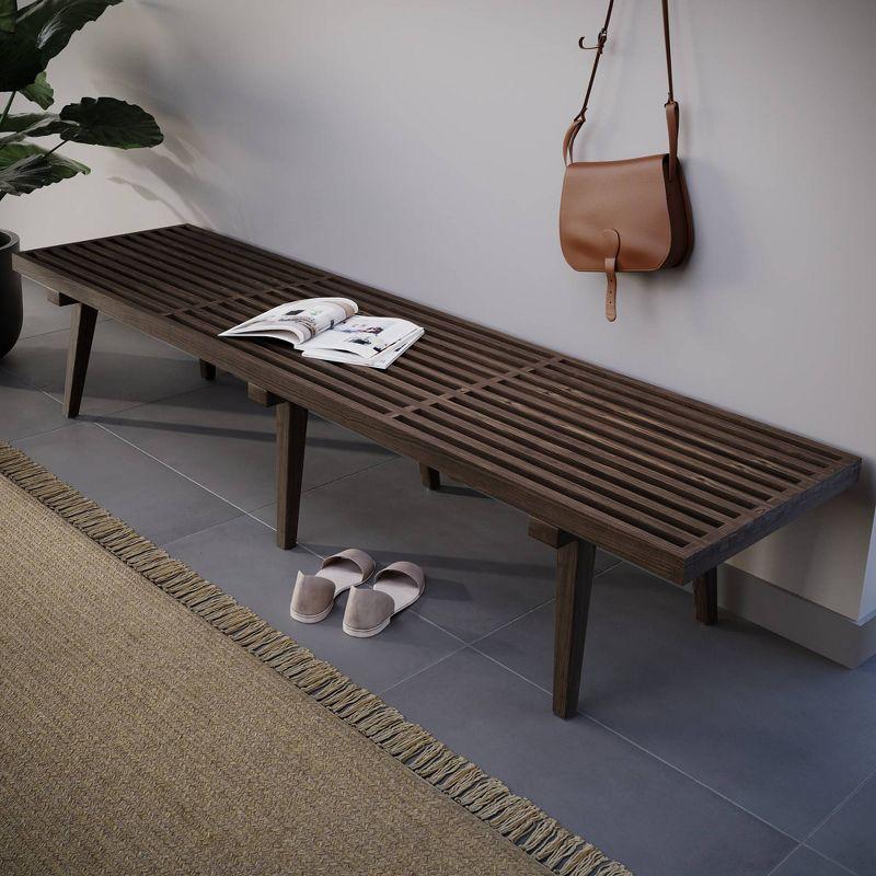 LeisureMod 72" Mid-Century Modern Slatted Wood Entry Bench, Indoor Accent Seating for Hallway or Bedroom