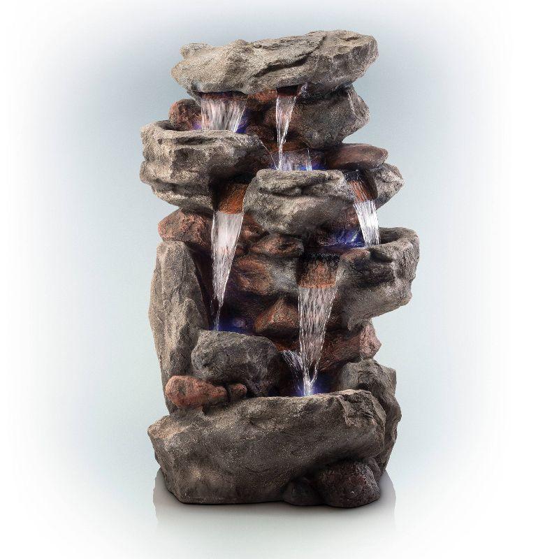 52" Brown Tiered Rock Waterfall Fountain with LED Lights